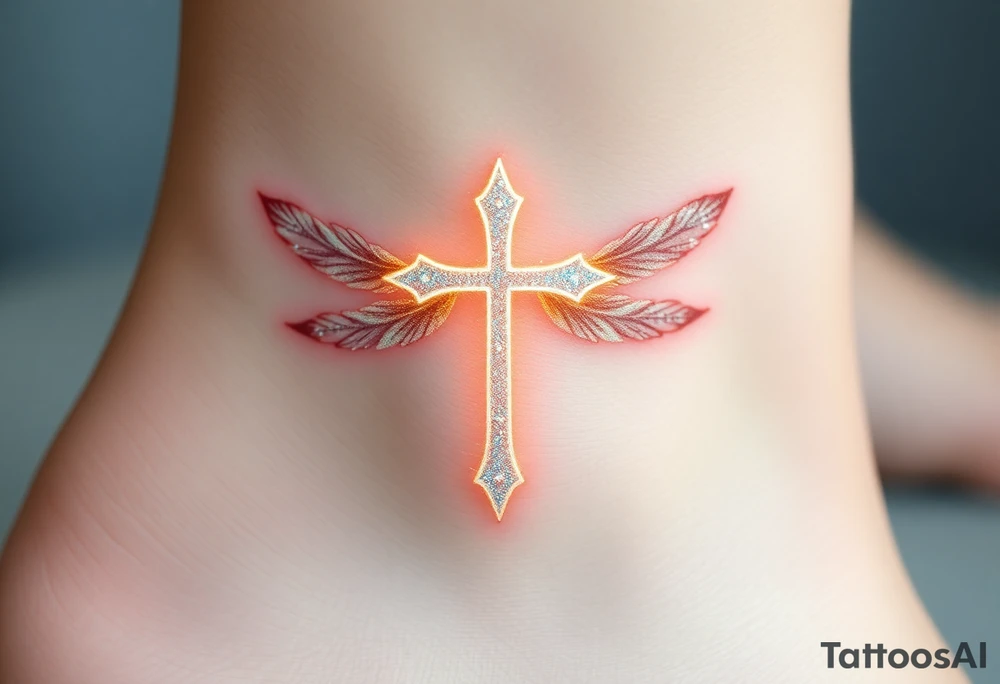 A glowing silver cross with floating feathers, each reflecting hints of pink, blue, and soft gold tattoo idea