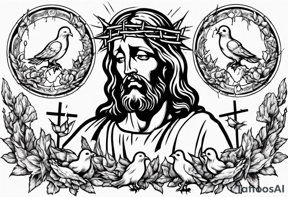 Jesus with thorns looking up and crying, doves, lambs, blood tattoo idea