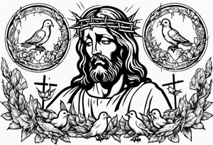 Jesus with thorns looking up and crying, doves, lambs, blood tattoo idea