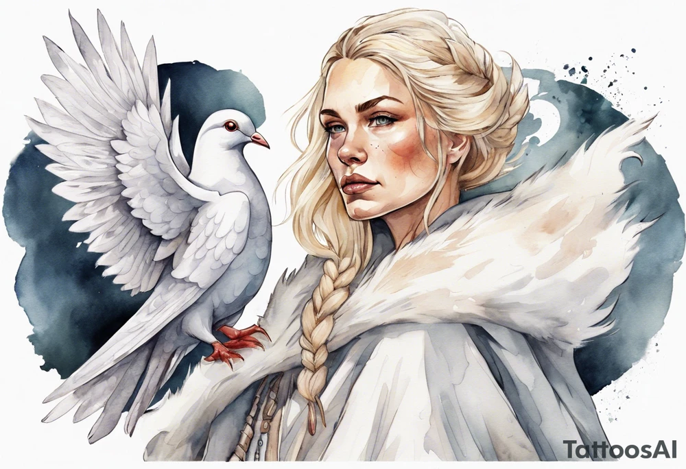 a 40-year-old Norse woman with blonde  hair wearing a white fur cloak with a dove on her shoulders tattoo idea