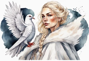 a 40-year-old Norse woman with blonde  hair wearing a white fur cloak with a dove on her shoulders tattoo idea