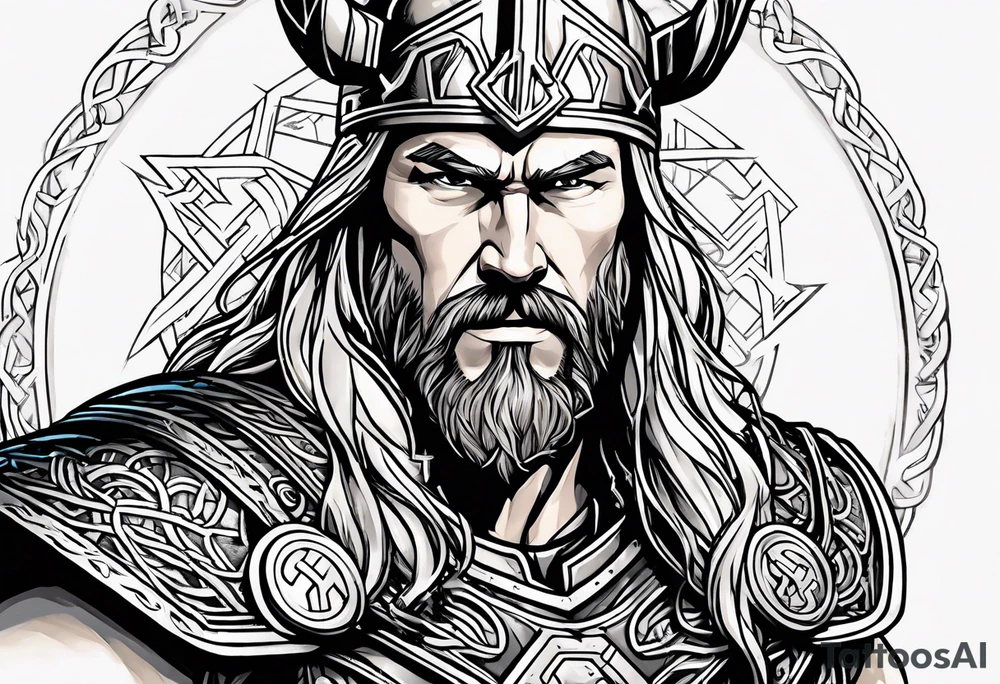 Thor with Viking runes in the background as a vignette tattoo idea