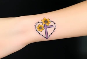 Yellow daisy Purple Hearts around a cross tattoo idea