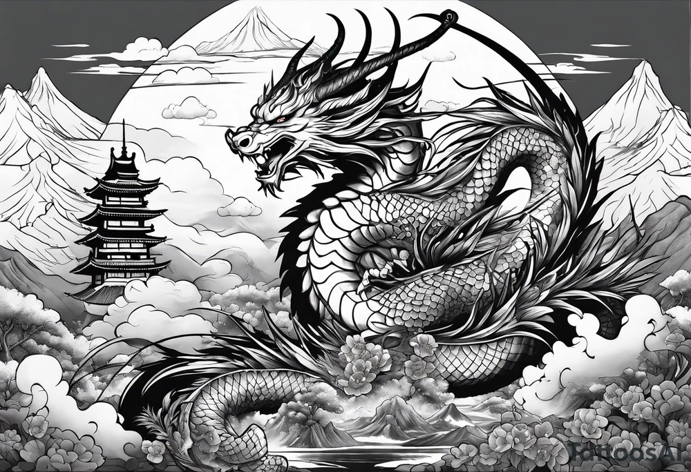warrior beautiful fairy nymph with a full body with a sword and a full dragon with a mountain with clouds and a Japanese building background tattoo idea