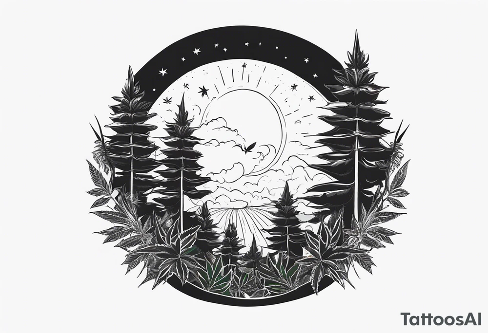Eclipsed sun with negative space, cannabis plants and other forest botanicals tattoo idea