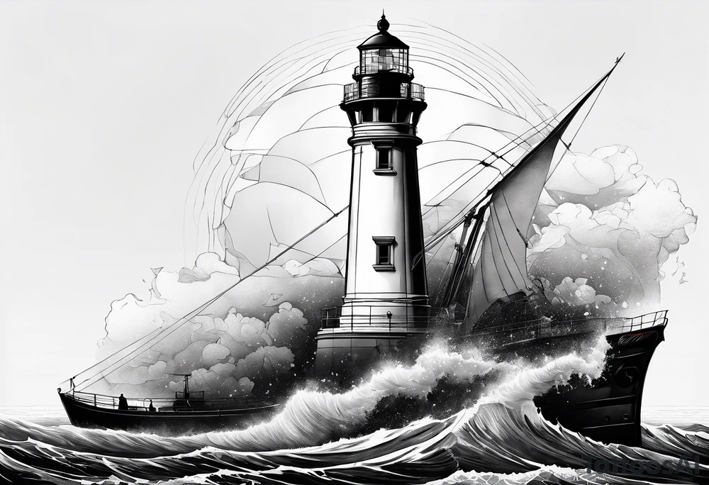 maritime lighthouse partially hidden by its  large fixed sails. tattoo idea