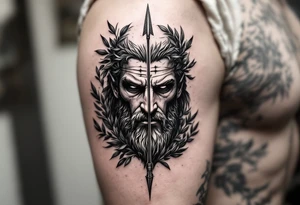 bible warrior that from his face come down a long arrow and surrounded by a olive tree leaf around tattoo idea