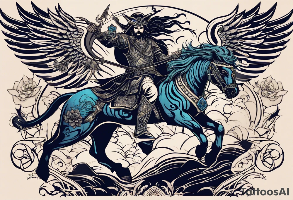 black kali, goddess pirate, alien, angel, pachamama, valkrye, warrior, flying, skull, lotus azul, wing, eagle, zenza resonance, stars, 5D, anahata chakra, death, durga, riding on a tiger, flying lady tattoo idea