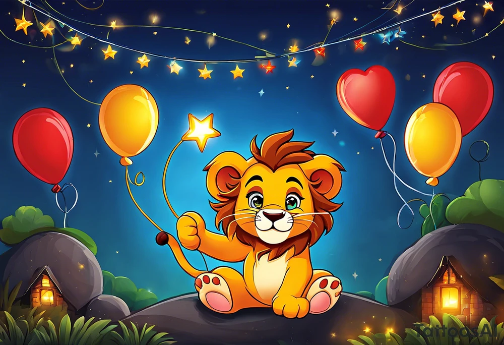 Adult serious tatoo
A little lion boy is holding a string to the hearth shaped small party baloon.
lion boy should be drawed from behind and has one hand reaching up in 45 degree angle and holding the baloon string
On the string is a wave which look like a hearbeat pulse.
draw it without any scenery, without any background. Just a boy 
Add heartbeat pulse on the string tattoo idea
