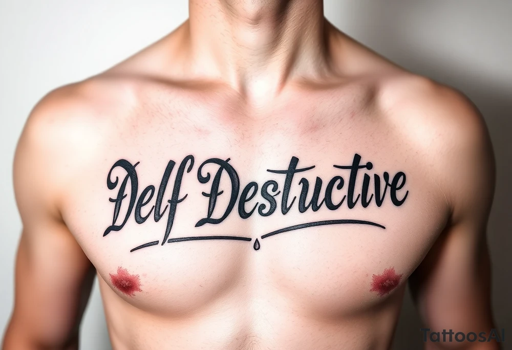 The words Self Destructive in Chicano lettering across the chest tattoo idea