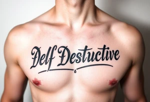 The words Self Destructive in Chicano lettering across the chest tattoo idea