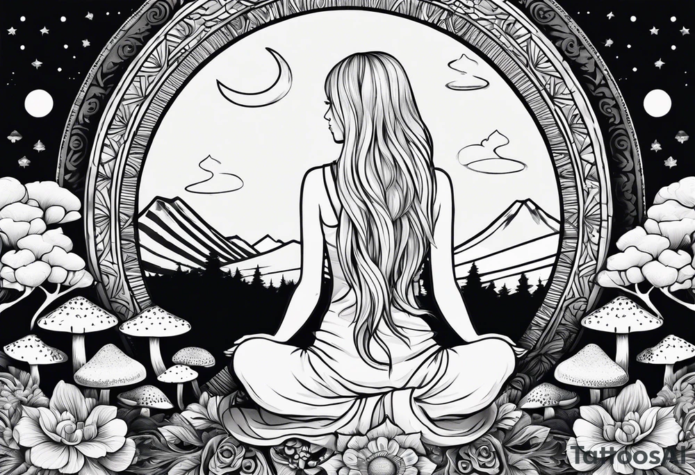 Straight blonde hair girl meditating facing away toward mountains surrounded by mushrooms crescent moon mandala circular design black and white striped dress tattoo idea