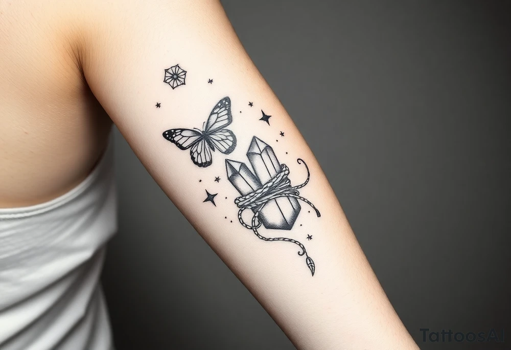 Placement: Forearm half sleeve, with forget-me-not wrapped around, with 3 small butterflies placed around it on the outer forearm. The word ‘siempre’ along the inside of the wrist around the radial pulse area. On the palm side of the wrist, there is 444 and a fine line moon and star. On the inner forearm, there are two crystals tied together with rope, with some stars dotted around it and two fine line leaf stems, and a moon above it. All tattoos in black ink. tattoo idea
