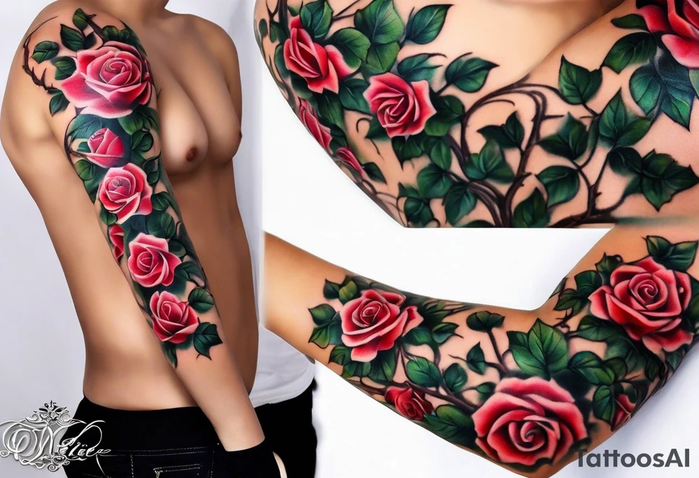 draw image of sleeve tattoo that has 65 small roses on a vine, they can be different sizes. It is long and narrow in design so it fits on an arm. The vine has some leaves and thorns but not too many. The roses will be a mix of small and medium size with some front on and others side on. tattoo idea