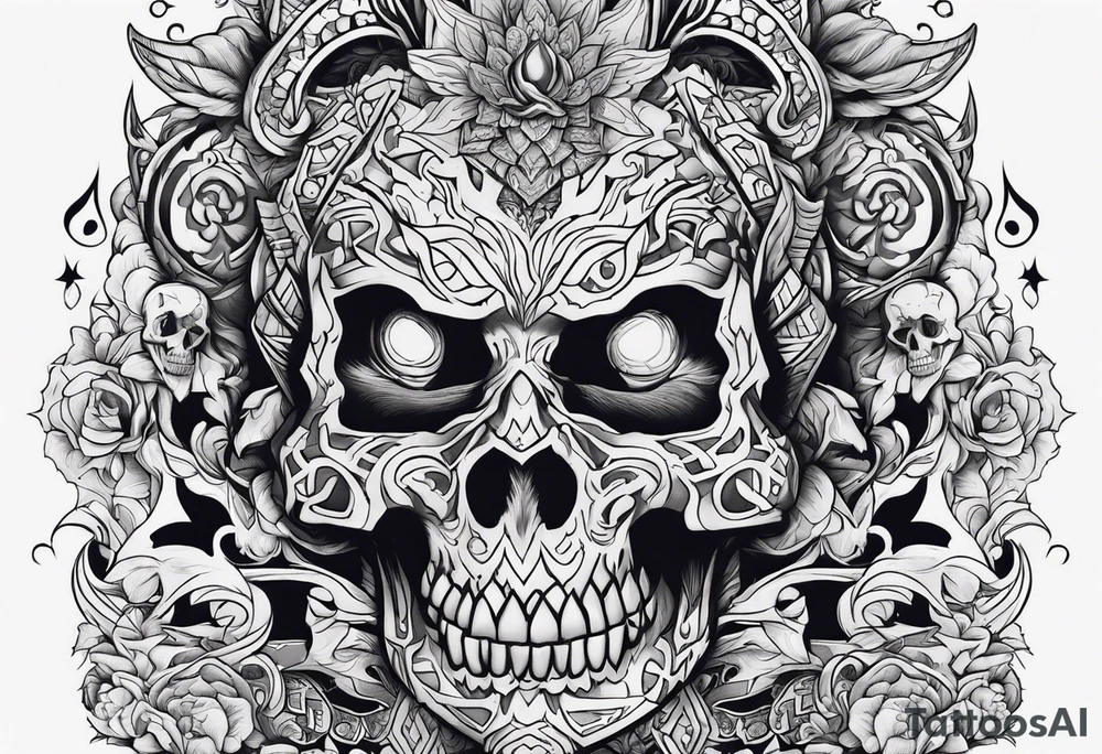Name KIHURANI with background of skulls and demons while burning tattoo idea