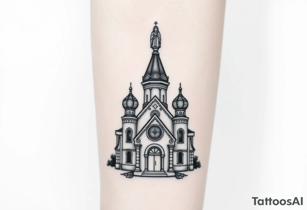 in a dorsal view a detailed medium sized country style russian orthodox church with onion domes and a band at the front with mist shrouding the top and fading into a virgin mary overlooking above at the top tattoo idea
