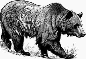 A grizzly bear scene hunting a wolf in the wild tattoo idea