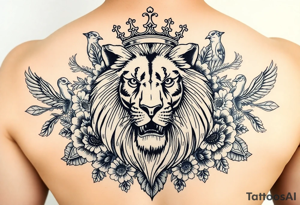 powerful majestic lion with a crown, surrounded by floral ornaments and birds tattoo idea