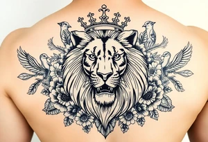 powerful majestic lion with a crown, surrounded by floral ornaments and birds tattoo idea