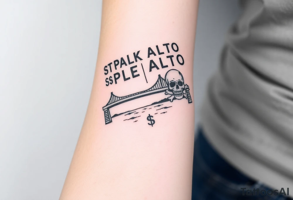 “East Palo Alto” city sign and “Newark” city sign on opposite sides of a bridge going across water in California with skulls and money and  scarface tattoo idea