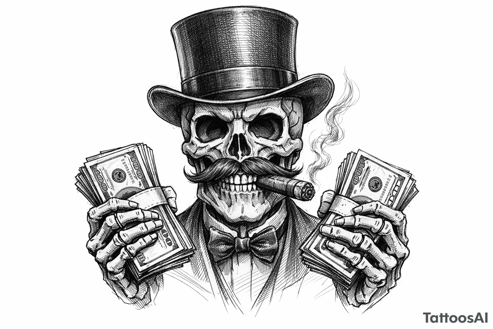 skull with mustache,top-hat,cigar in his mouth,money in both hands. tattoo idea