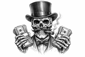 skull with mustache,top-hat,cigar in his mouth,money in both hands. tattoo idea