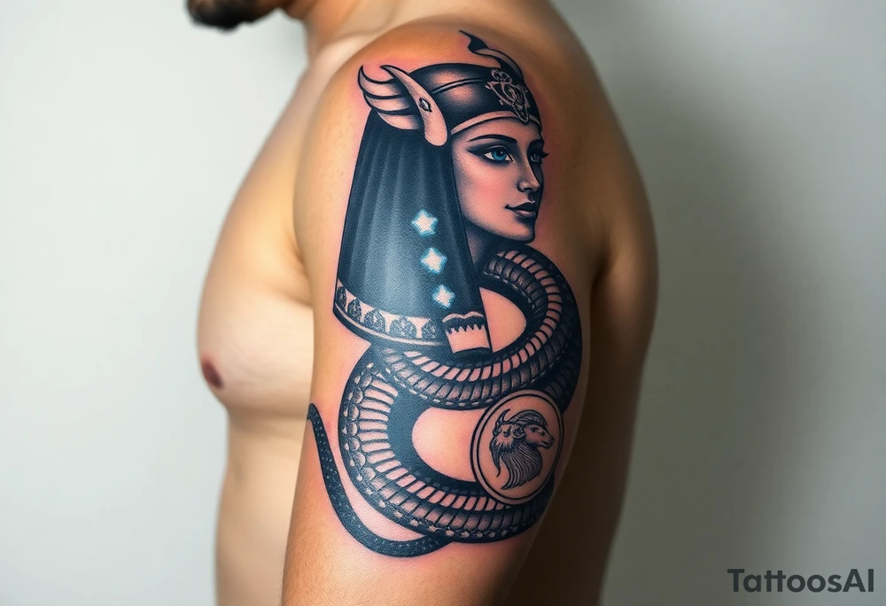 A DSLR photo of a full upper arm tattoo on a man's right arm, from neck to below the elbow. The tattoo shows the Egyptian goddess Renenutet with a serene and powerful female face, shaded with lifelike detail. Her eyes are vivid blue with white highlights. She wears a war crown (Mut or Isis style, with horns and a solar disk), and an ankh on the forehead. Her hair blends into a cobra hood that transitions into the serpent’s body wrapping around the entire arm. The cobra’s scales are deeply shaded black with white edge accents and subtle blue highlights on the back. The body coils protectively around the forearm, encircling three symbols: twin faces (Gemini), a lion’s head in relief (Leo), and a Capricorn with a horned goat and fish tail, each embedded in the snake’s body or stylized medallions. The tattoo glows slightly with white ink accents, giving it a vibrant, almost living presence. Photographed in soft studio lighting to highlight texture and shading, with visible skin grain and depth of ink. tattoo idea