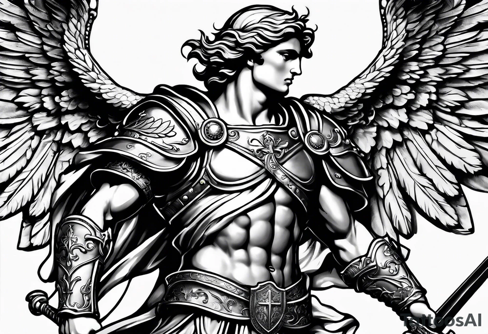 full body saint michael holding a sword tattoo idea