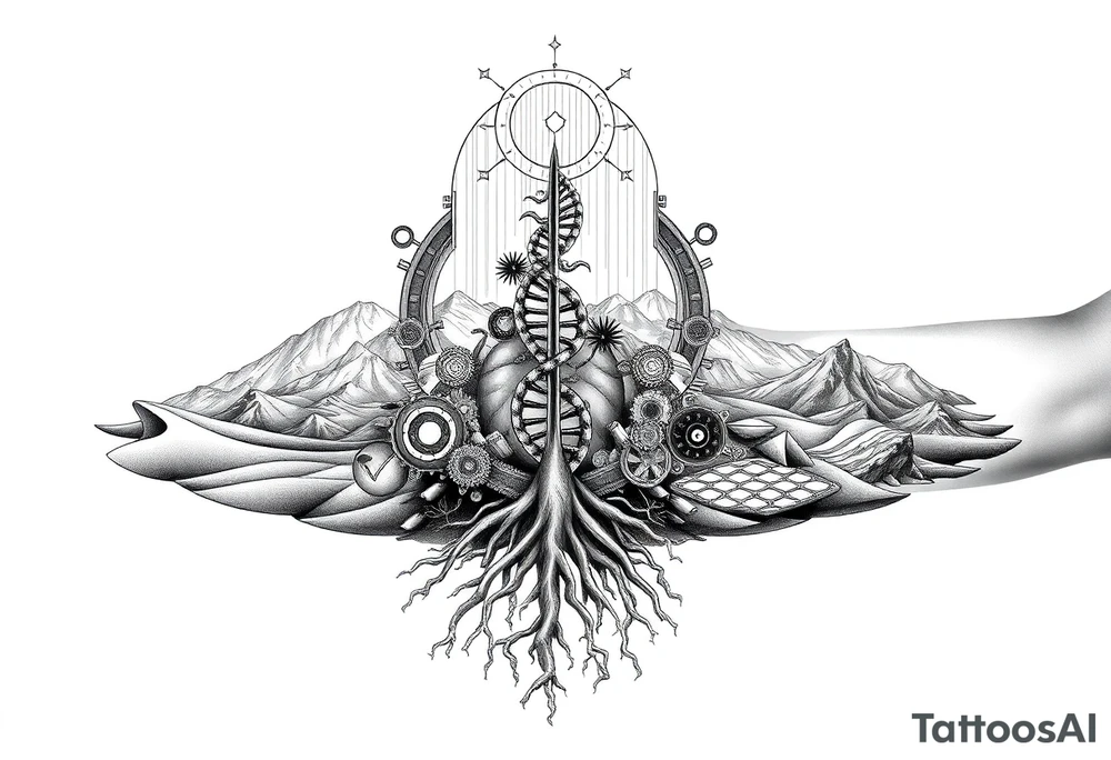 Full sleeve tattoo design for a left arm, vertical composition. A surreal blend of Southern California landscapes including desert dunes, snow-capped mountains, and ocean waves. The landscapes are integrated into a 3D geometric and biomechanical framework with gears, droid-like metallic components, and Matrix-style digital rain. In the center, a double helix DNA strand transitions into tree roots. Style: Alex Grey visionary art meets TOOL aesthetic. High contrast black and grey with subtle glowing amber highlights. Hyper-realistic, 8k, white background tattoo idea