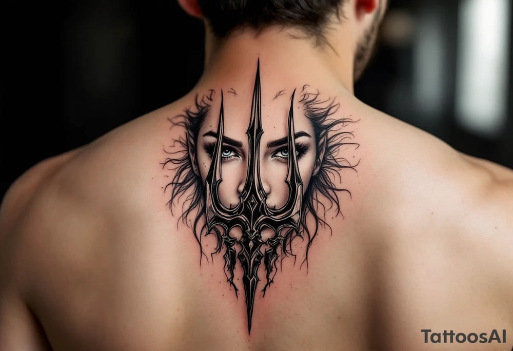 gentle face behind trident tattoo idea