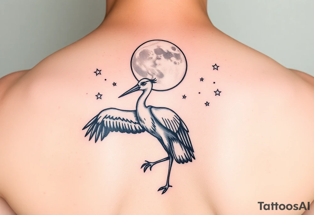 Stork carry bundle towards moon, stars tattoo idea