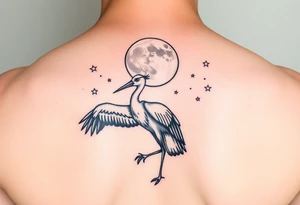 Stork carry bundle towards moon, stars tattoo idea