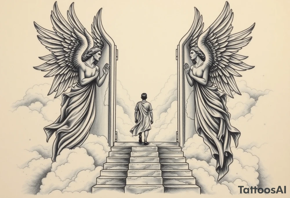 Too strong maleangels holding open the gates of heaven with the male figure walking up the steps.Saying fly high baby boy Realistic angels With clouds in the background and I won't text that I fly hi.Gh baby boy chess fully covered And a woman angel have body over thit on it tattoo idea
