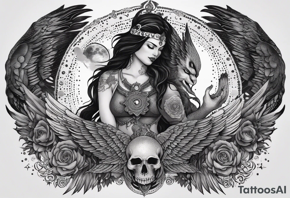 black kali, goddess pirate, alien, angel, pachamama, valkrye, warrior, flying, skull, lotus azul, wing, eagle, zenza resonance, stars, 5D, anahata chakra, death, durga, riding on a tiger, flying lady, kundalini, chest tatoo, samuri, rebel,serpent tattoo idea
