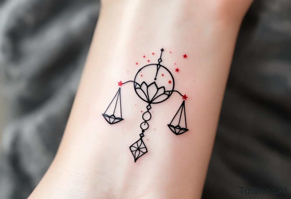 Black ink scales hang symmetrically beneath a Libra star constellation traced in fine white dots with red star accents. tattoo idea