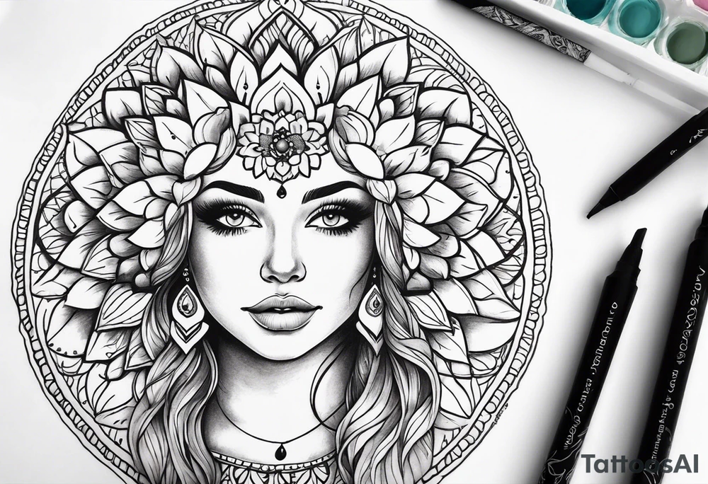 colorful mandala, boho, feminine, for upper back, leaves, flowers tattoo idea