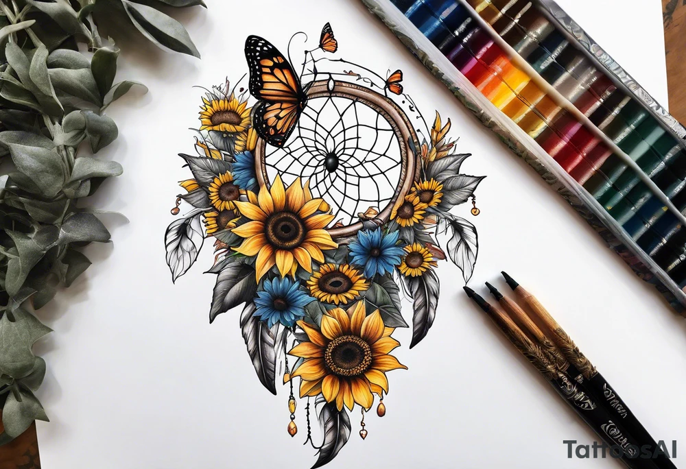Dream catcher with sunflower in back ground with butterflies tattoo idea