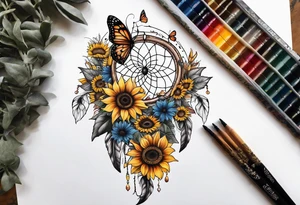 Dream catcher with sunflower in back ground with butterflies tattoo idea