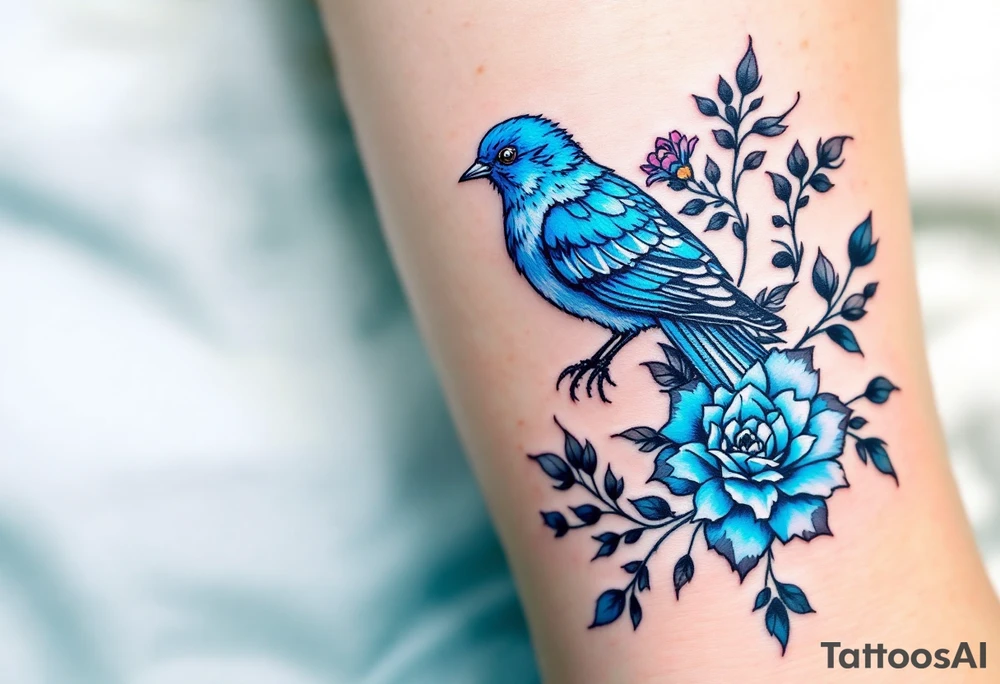 Blue bird with thick floral at the bottom tattoo idea