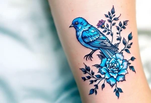 Blue bird with thick floral at the bottom tattoo idea