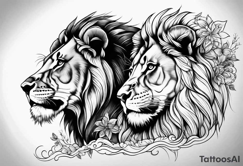 Realistic lion and lioness 
bonding tattoo idea