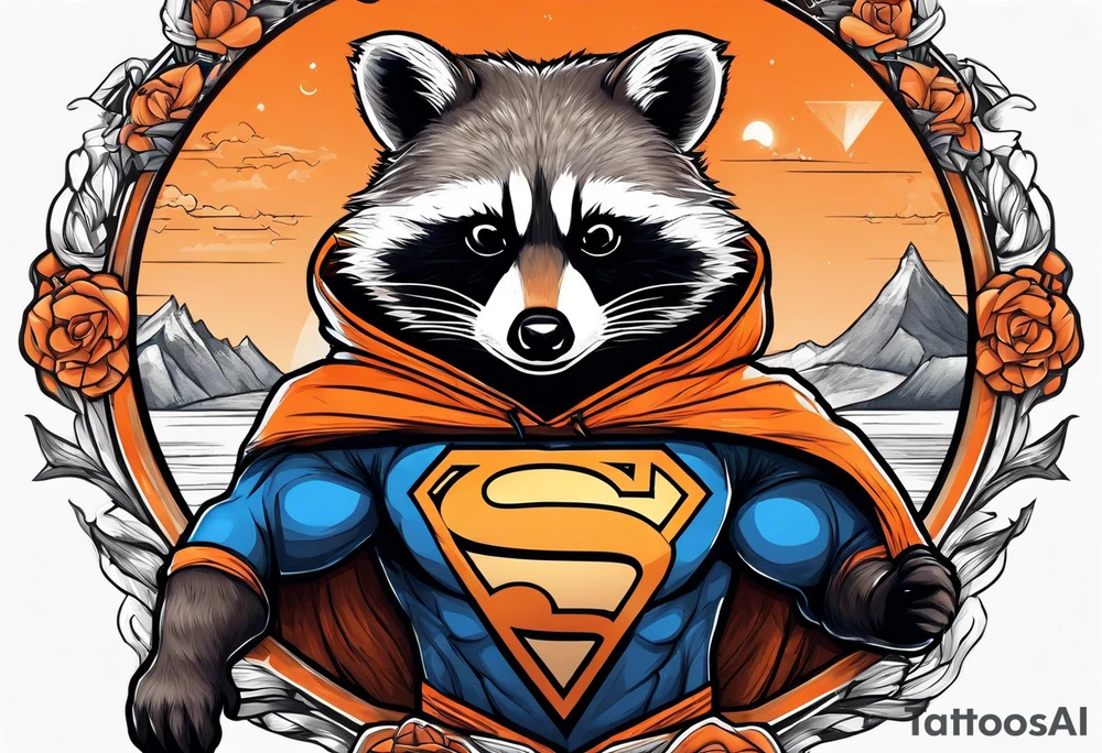 Raccoon wearing an orange Superman hoodie tattoo idea