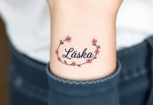 A golden infinity loop with tiny cherry blossoms surrounding the word "Láska", representing beauty, romance, and fleeting yet eternal love tattoo idea