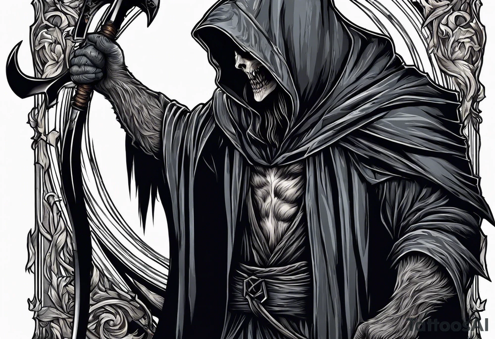A werewolf that is the grim reaper holding a scythe tattoo idea