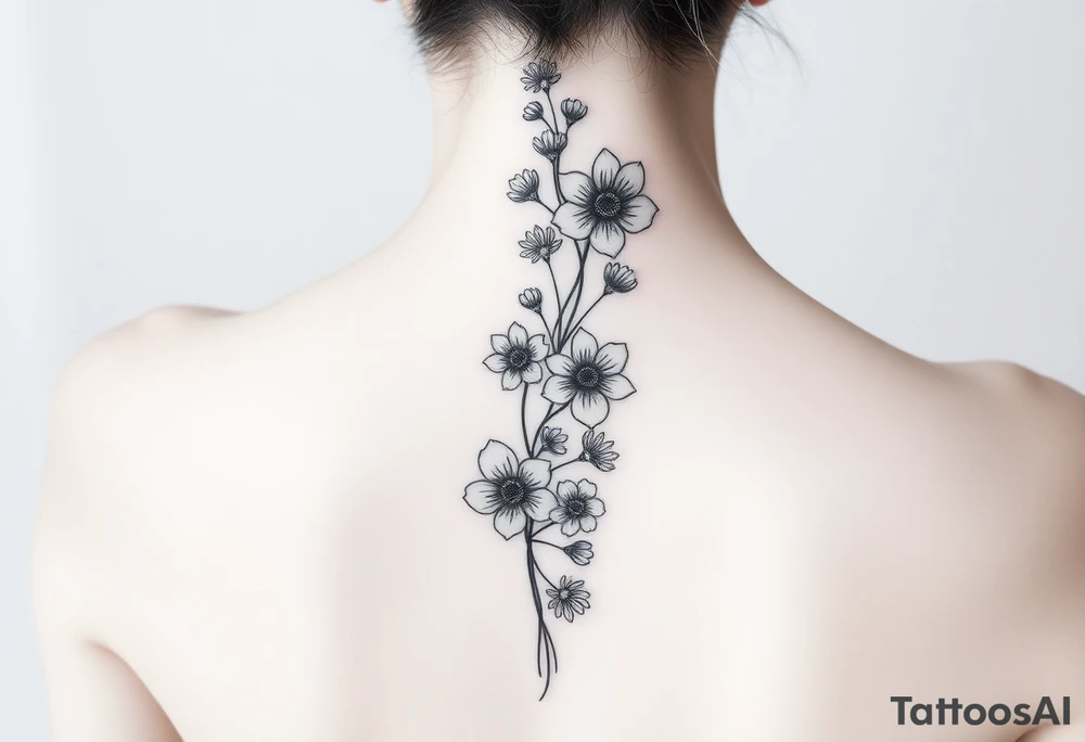 Delicate flowers vertically down the spine tattoo idea