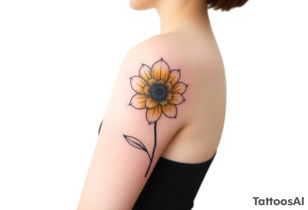 A minimalist flower tattoo that represents a shattered and betrayed gemini woman who fought hard throughout this year. With colors yellow and black. Make it unique and rare tattoo idea