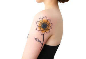 A minimalist flower tattoo that represents a shattered and betrayed gemini woman who fought hard throughout this year. With colors yellow and black. Make it unique and rare tattoo idea