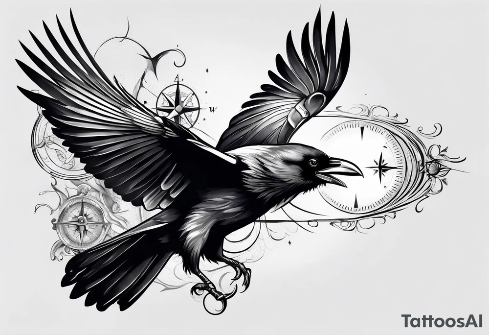 flying crow with compass tattoo idea