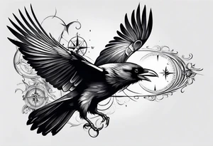 flying crow with compass tattoo idea