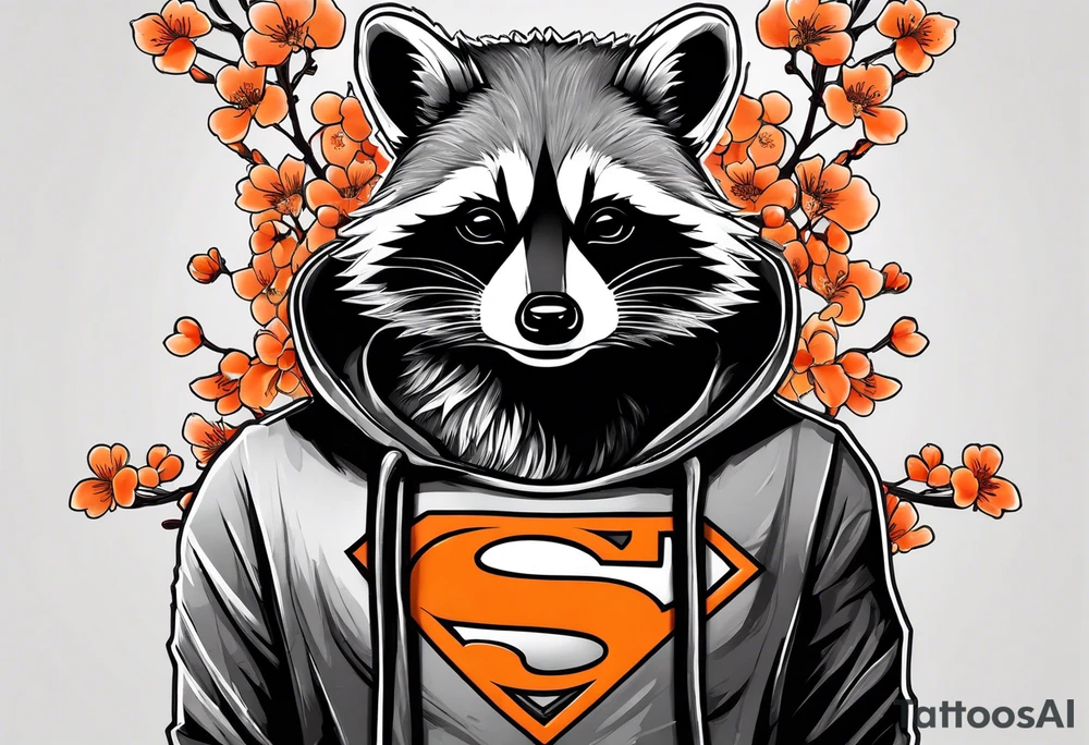 Raccoon wearing a white Superman logo on a black hoodie and orange Japanese cherry blossoms beside tattoo idea
